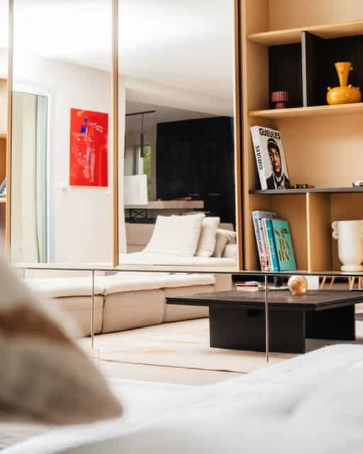 Décoration Salon Moderne : Miroir et Mobilier Design Chic Salon moderne reflété dans un miroir avec canapé beige, table basse noire et bibliothèque en bois clair.